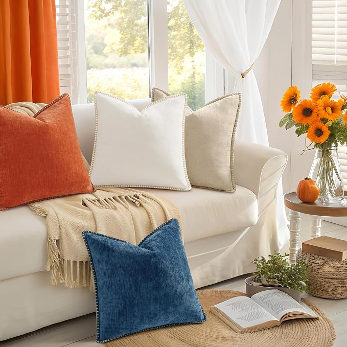 decorUhome Fall Soft Decorative Chenille Throw Pillow Covers 18x18 Set of 4 | Beige Rust Cozy Decorative Modern Farmhouse Neutral Pillow Cases with Stitched Edge for Couch Sofa Bed Living Room Home Decor