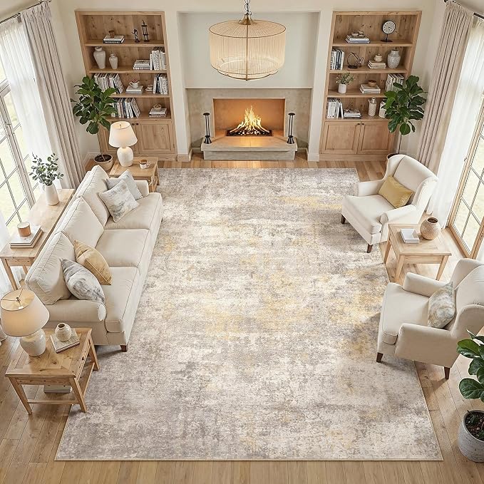 cotiled 10x14 Area Rug Abstract Soft Non Slip Washable Rugs for Living Room | Stain Resistant, Robot Vacuum & Pet Friendly, Low-pile, For Living Room, Bedroom, Dining Table, Nursery Gold/Grey/Brown