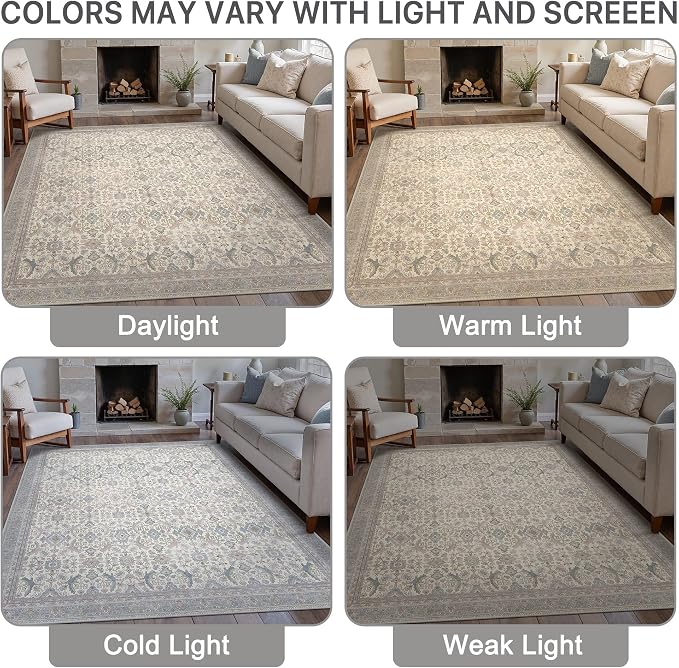 BESBLEE 4X6 Area Rugs Machine Washable Rugs for Living Room, Vintage Boho Large Rugs for Bedroom Dining Room, Non Slip Indoor Soft Distressed Lightweight Thin Low Pile Carpet, Cream