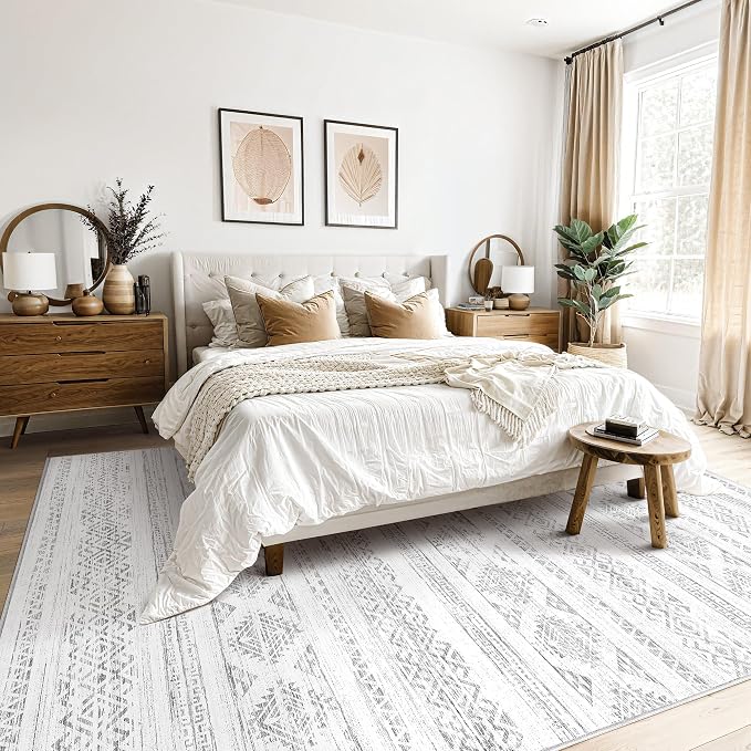 Tortania Area Rug Living Room Rugs - 5x8 Washable Large Soft Neutral Boho Moroccan Bohemian Farmhouse Rug Indoor Floor Carpet for Bedroom Under Dining Table Home Office Decor - Ivory Gray