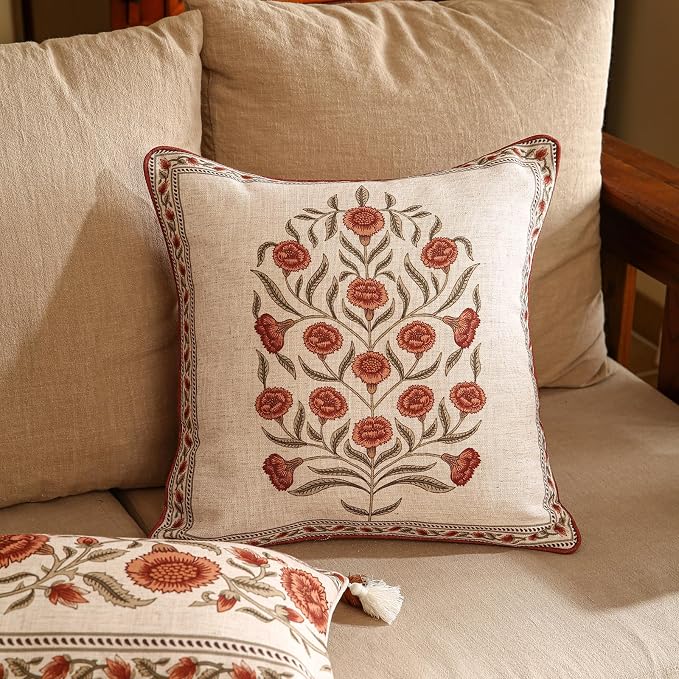 ISAENNE Designer French Linen Throw Pillow Cover,Set of 2,18"x18"-Albano B | Elegant Square Pillow Cover,Concealed Zipper Design,Floral Pattern,Sofas,Bedroom,Living Room,Lounge Chairs,Decor