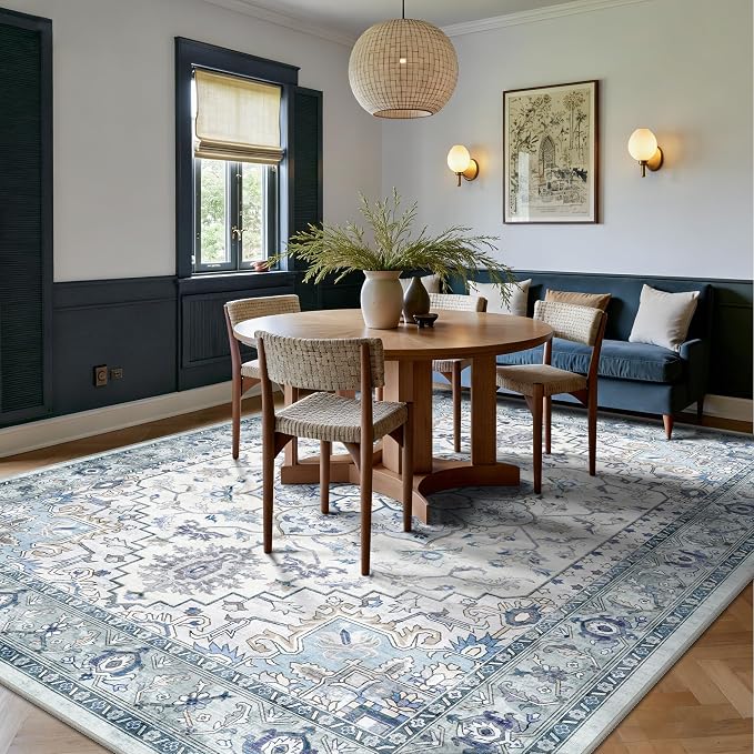 8x10 Area Rugs for Living Room - Washable Rug Vintage Distress Boho Medallion Rugs for Bedroom, Soft Non-Slip Backing Low Pile Carpet for Dining Room Office Nursery Home, Blue Grey Purple
