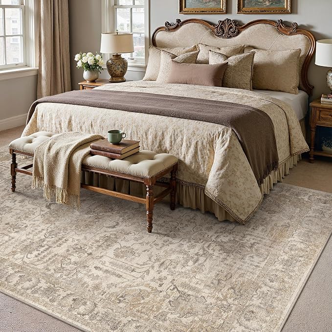 HUGEAR 5x7 Area Rug Beige Machine Washable Rug Room Decor Vintage Distressed Living Room Rugs Non Slip Low Pile Soft Carpet for Bedroom Office Dining Room Soft Lightweight