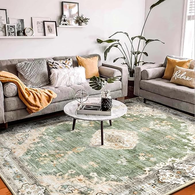 MUJOO Green Rug 8x10 Washable Area Rugs Non Slip Low-Pile Floral Large | Machine Washable Throw Carpet for Living Room Bedroom Dining Room Boho Soft Floor Indoor Abstract Flowers Sage Green