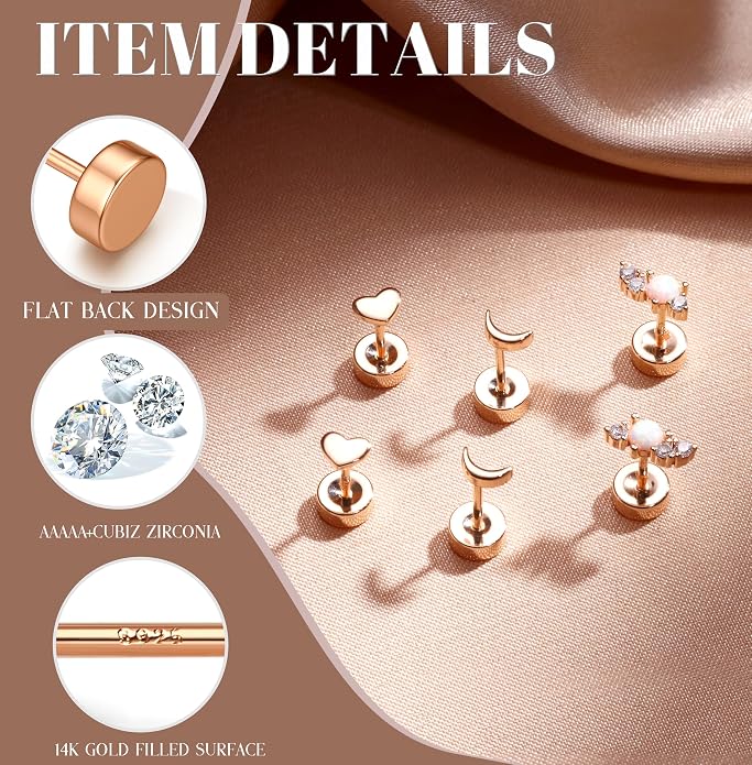 14K Gold Plated Solid 925 Sterling Silver Post Flat Back Earrings Stud | Cartilage Helix Conch Tragus Piercing Jewelry 3 Pairs Tiny Screw Dainty CZ Opal Earring Set Men Women