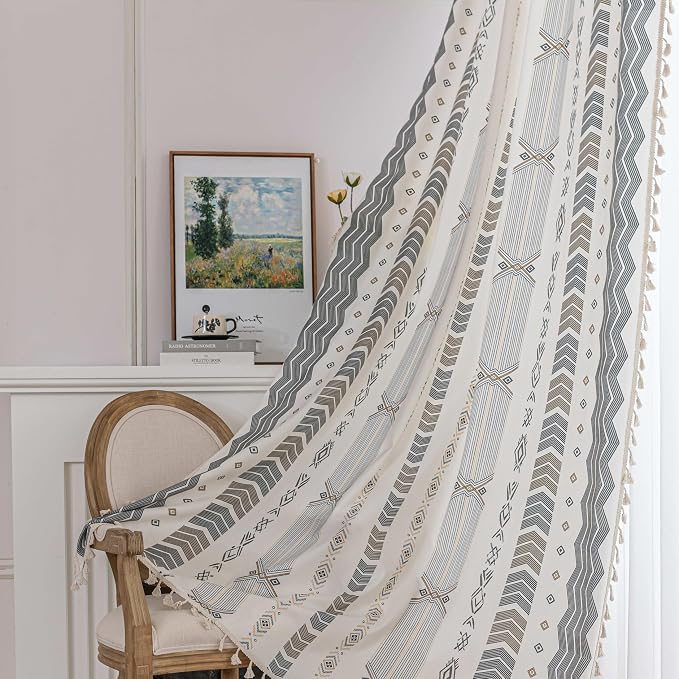 Gray Geometric Curtains 72 Inches Long, Boho Farmhouse Light Filtering Rod Pocket Drapes with Tassel Trim for Bedroom Living Room, 2 Panels