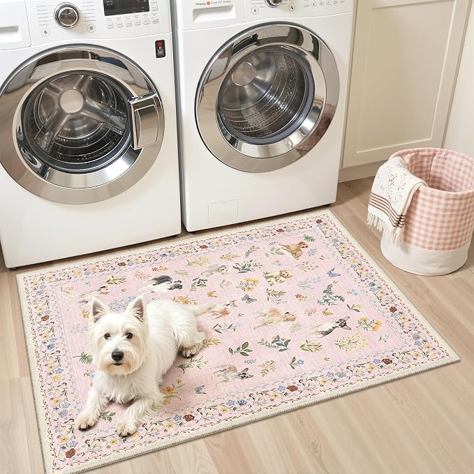 Soalmost 2x3 Dog Rugs for Entryway, Washable Door Mat Animal Soft Rug Pink | Floral Small Cute Area Rug Non-Slip Low Pile Throw Rugs for Entrance Kitchen Indoor Front Door Kids Room 2' x 3'