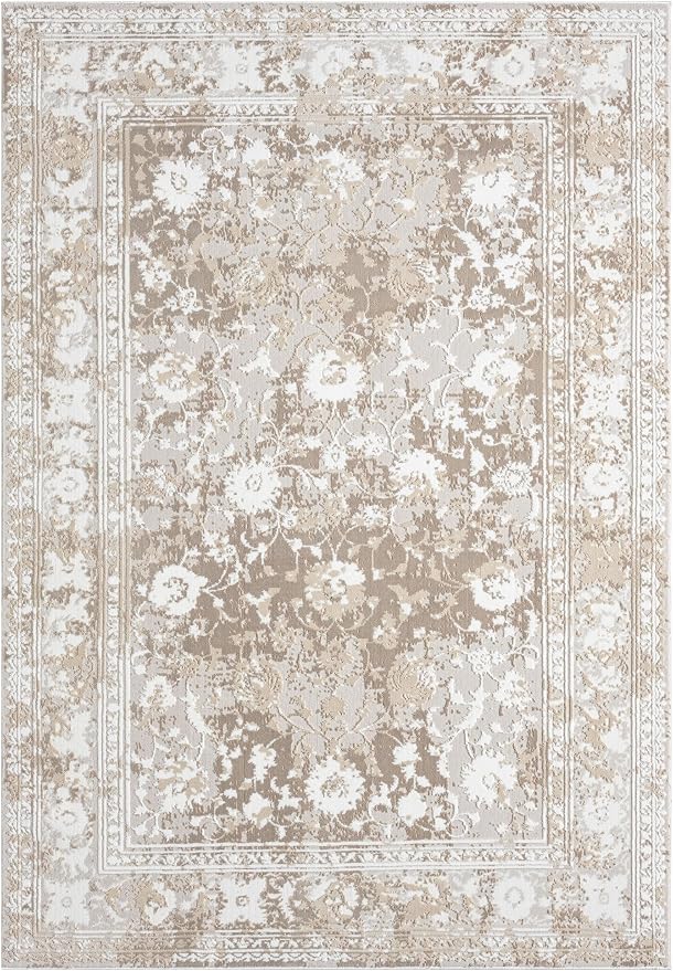Amber Traditional Floral Area Rug for Living Room, 5x7 Vintage Persian-Inspired Beige Neutral Rug, Medium Pile Stain Resistant Carpet for Bedroom, Dining Room or Kitchen (5' x 7', Beige)