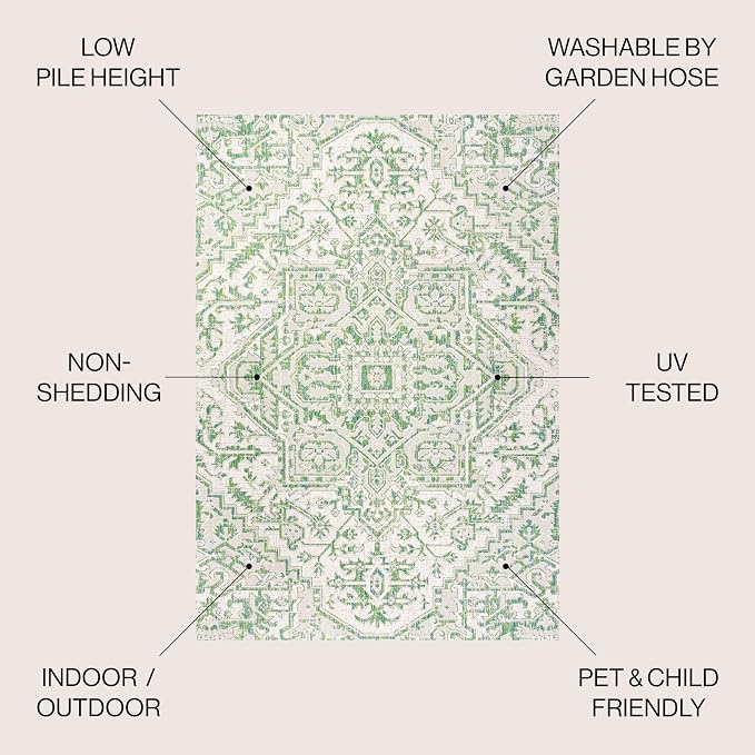 JONATHAN Y Boho Medallion Indoor Outdoor Area Rug 4X6 Green/Cream, Estrella Textured Weave for Backyard, Patio, Porch, Easy-Cleaning, High Traffic, Pet-Friendly, Non-Shedding (SMB105G-4)