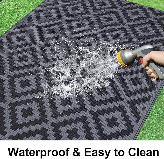 Smiry Waterproof Outdoor Rug 10X14 ft, Reversible Plastic Straw Patio Camping Rugs, Outdoor Indoor RV Mat Carpet for Patio, Outside Entry, Backyard, Deck, Bench, Picnic, Camper, Black & Grey