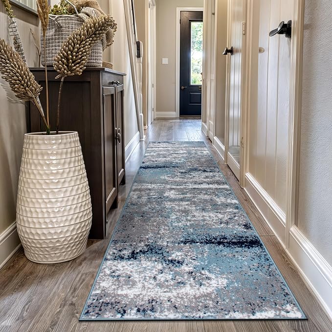 Rugshop Watercolor Distressed Modern Bohemian Runner Rug Blue 2'7" x 10'