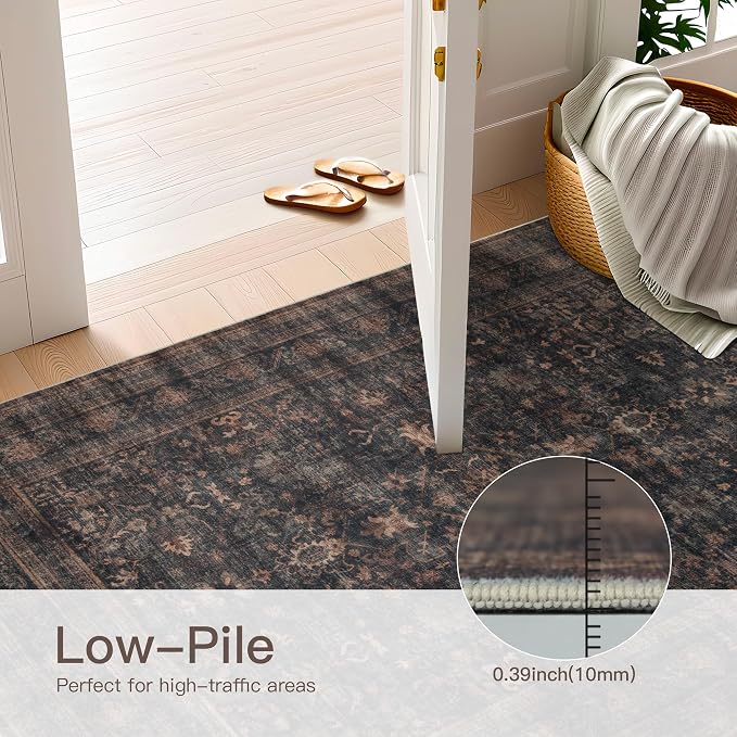 8x10 Vintage Washable Area Rug, Bordeaux Brown | Living Room,Low Pile Non Slip Carpet Non-Shedding Large Soft Indoor Stain Resistant Floral Print Mat for Bedroom Dining Room