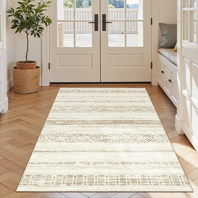Miukiki 4x6 Area Rug for Living Room Moroccan Washable Rugs Non Slip Indoor Floor Carpet Foldable Large Soft Area Rug for Dining Room Bedroom with Low Pile(Brown,4'x6')