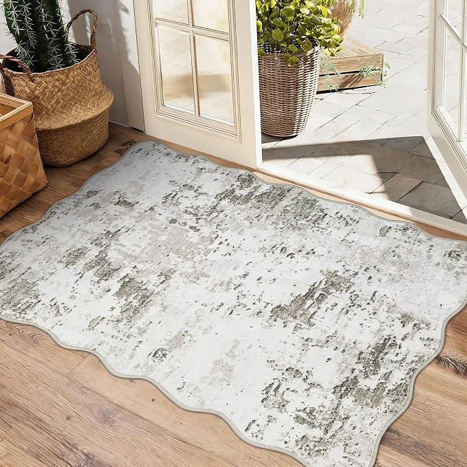 ROYHOME Modern Scalloped Abstract 2x3 Area Rug Non Slip Non Shedding Low Pile Stain Resistant Rug for Entryway Kitchen Bedroom,Taupe