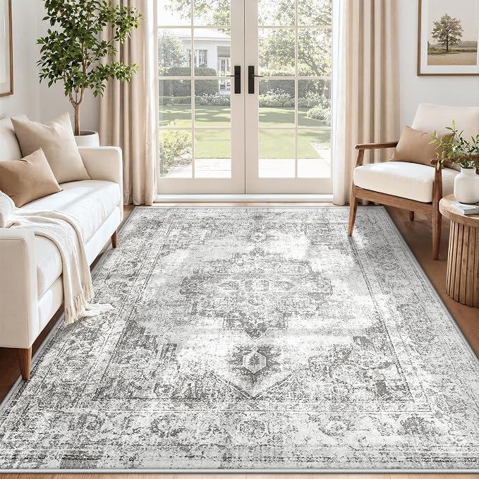 Area Rug 5x7 Vintage Rugs: Washable Indoor Medallion Rug Low Pile Distressed Floor Carpet Retro Accent Rugs for Living Room Bedroom Kitchen Dining Table Home Office(Grey, 5'x7')