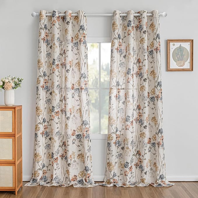 MYSKY HOME Long Floral Curtains for Living Room Bedroom Linen Semi Sheer Light Filtering Privacy Protect Drapes Flower Print Farmhouse Soft Touch for Dining Room, Yellow, W52 X L102, Pack-2