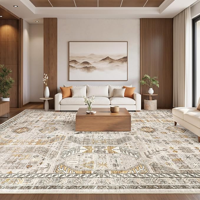 befbee 10x14 Area Rugs,Ultra-Thin Washable Rugs for Living Room,Non-Slip Lightweight Foldable Area Rug,Stain Resistant Vintage Large Rugs (Brown/Gold, 10'x14')