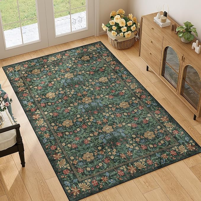 DUKINO 4x6 Rug for Living Room, Washable Vintage Floral Area Rug, Green | Non Slip, Low Pile, Non-Shedding, Aesthetic Lightweight Soft Indoor Carpet for Bedroom Kitchen Bathroom Entryway Farmhouse
