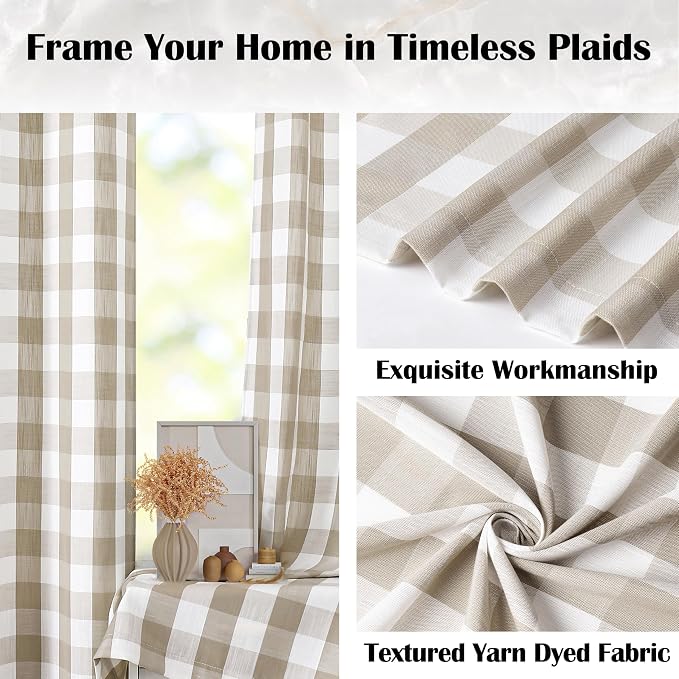 72 Inch Beige White Buffalo Plaid Semi Sheer Curtains Rod Pocket | Cottage Style Window Drapes for Living Room Office,Soft Light Filtering Window Treatment for Bedroom,52"Wx72"L(Pack of 2)