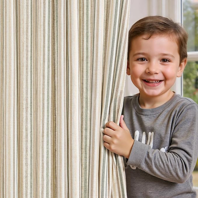 jinchan Linen Curtains 63 inch Green Stripe for Kids Room Grommet 2 Panels | Kids Curtains for Nursery Living Room Bedroom Baby Boys Room,Cute Colorful Ticking Stripe,Cottagecore Rustic,Light Filtering
