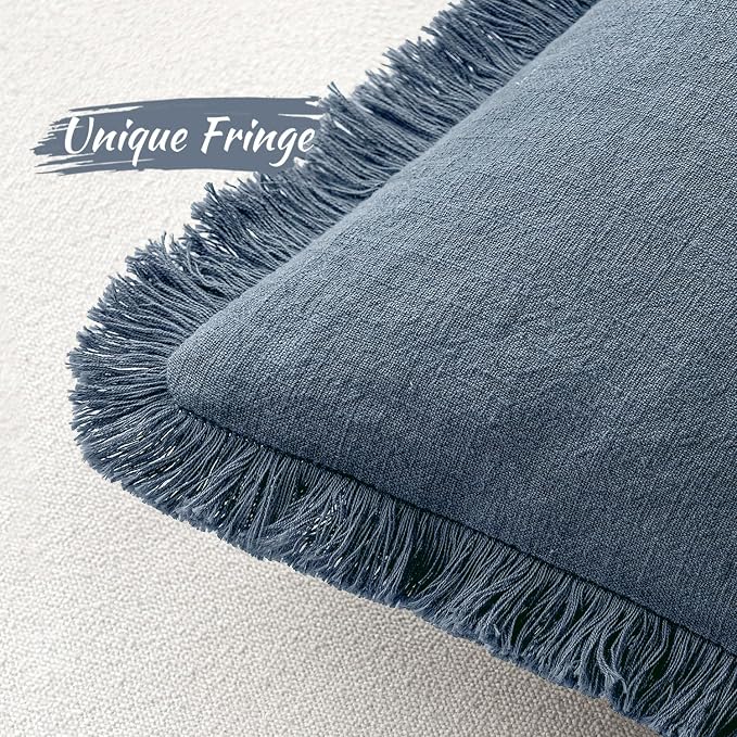 MIULEE Decorative Throw Pillow Covers Neutral Linen Fringe Throw Pillows Set of 2 Blue Ashes Boho Farmhouse Cushion Covers with Tassels for Couch Sofa Bed Spring Home Decor 28x28 Inch