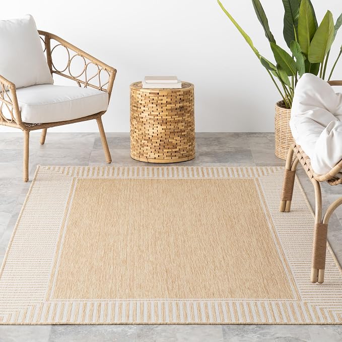 Nuloom Asha Tan/Ivory, 10' x 14', Casual, Striped Border, Soft and Cozy, High Traffic, Easy Clean, Durable Area Rug for Indoor/Outdoor Patio, Deck, Porch, Garden, Courtyard
