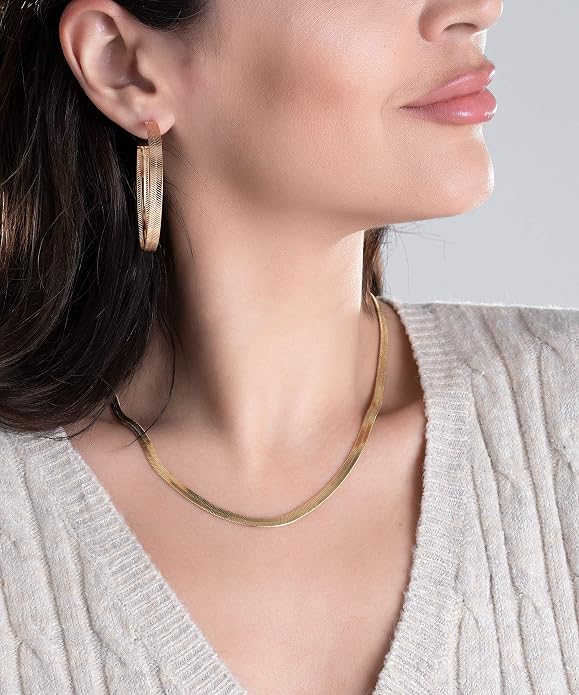 Barzel 18K Gold Plated Herringbone Chain Necklace 4MM Wide