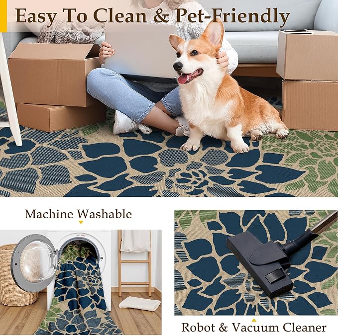 PureCozy 5x8 Easy Jute Outdoor Rug Navy/Green Floral Textured Indoor Outdoor Area Rug Farmhouse Patio Carpet for Backyard, Patio, Porch, Easy-Cleaning, High Traffic, Pet-Friendly, Non-Shedding