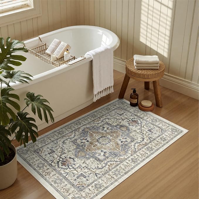 Washable Entryway Runner Rug - 2x3 Kitchen Rug Distressed Low Pile Mats Non Slip Soft Rugs for Dining Room with Rubber Backing Bedroom Runner with Vintage Design (Beige/Blue 2x3)