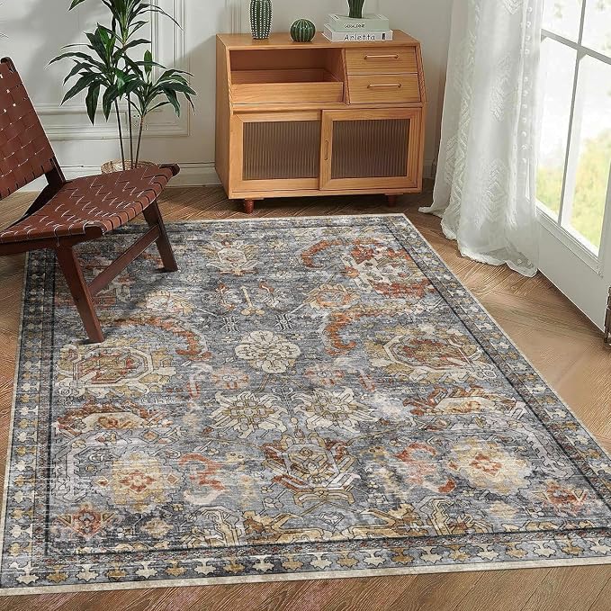 RUGSURE Washable Area Rugs - Perfect for Living Room, Bedroom, Kids Room, Nursery - Stain & Water Resistant Non-Slip, Pet & Child Friendly, Vintage Tribal Area Rugs (Turmeric and Grey, 5' x 7')