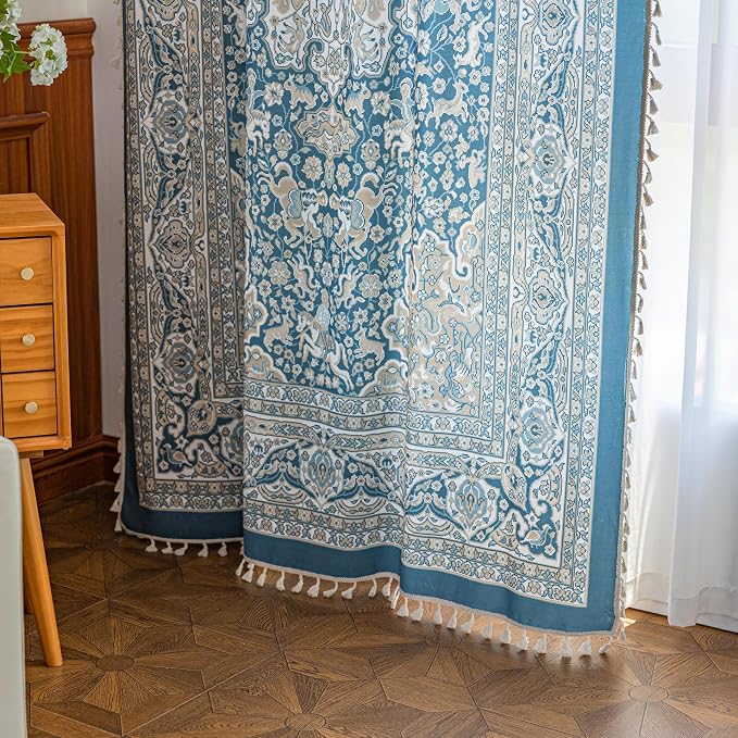 Blue Medallion Curtains 84 Inches Long, Boho Farmhouse Light Filtering Rod Pocket Drapes with Tassel Trim for Bedroom Living Room, 2 Panels