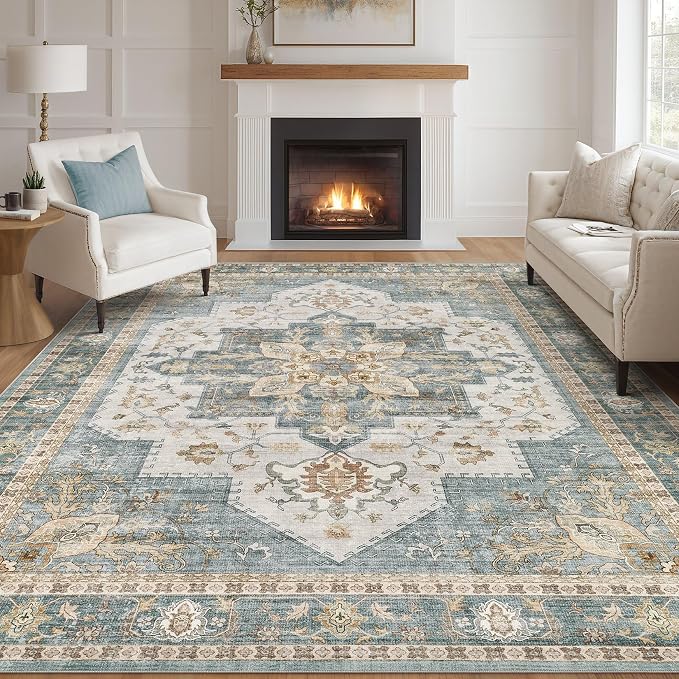 Tortania Area Rug Living Room Rugs - 10x12 Washable Boho Rug Vintage Oriental Distressed Farmhouse Large Thin Indoor Carpet for Living Room Bedroom Under Dining Table Home Office - Muted Teal