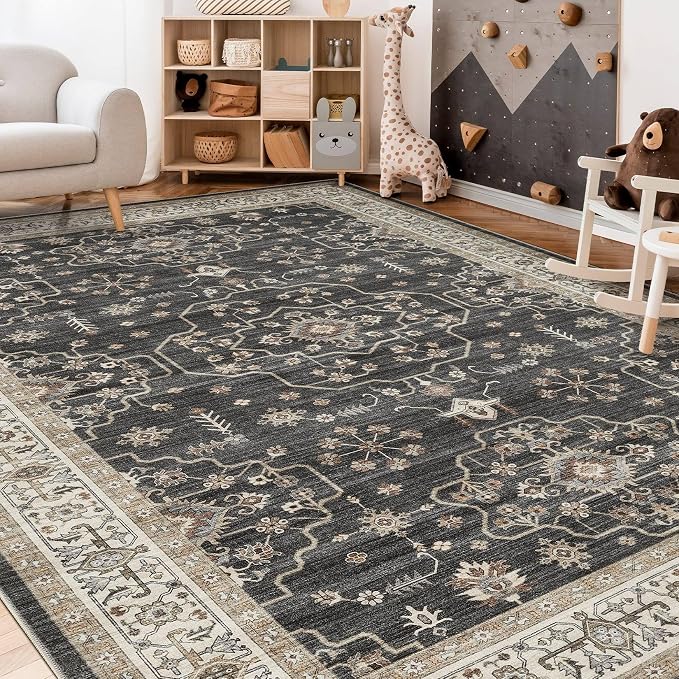 Area Rug for Living Room - 8x10 Soft Washable Oriental Vintage Floral Distressed Large Carpet - Fade Stain Resistant Non Slip Rugs for Bedroom Dining Room Nursery Dorm Office Home Decor - Black