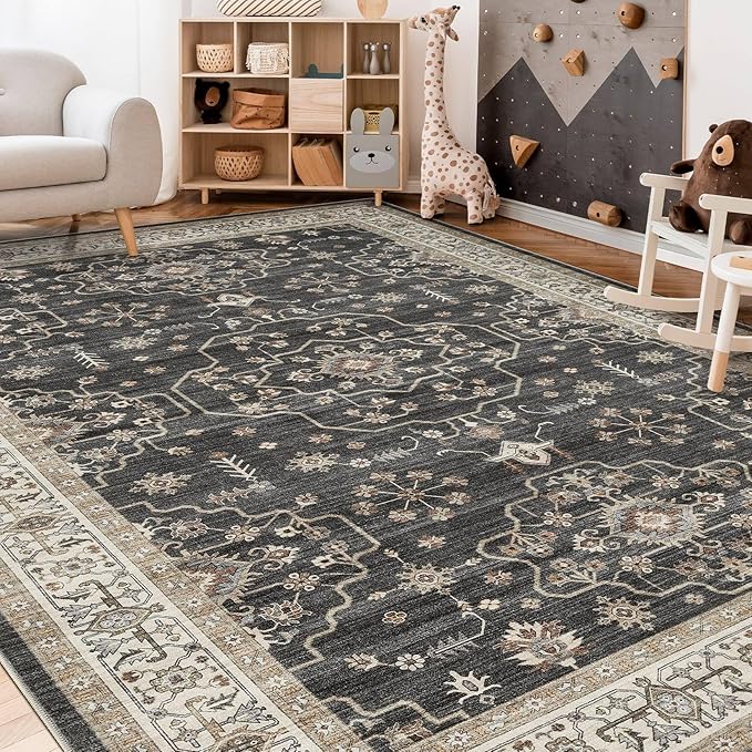 Area Rug for Living Room - 5x7 Soft Washable Oriental Vintage Floral Distressed Large Carpet - Fade Stain Resistant Non Slip Rugs for Bedroom Dining Room Nursery Dorm Office Home Decor - Black