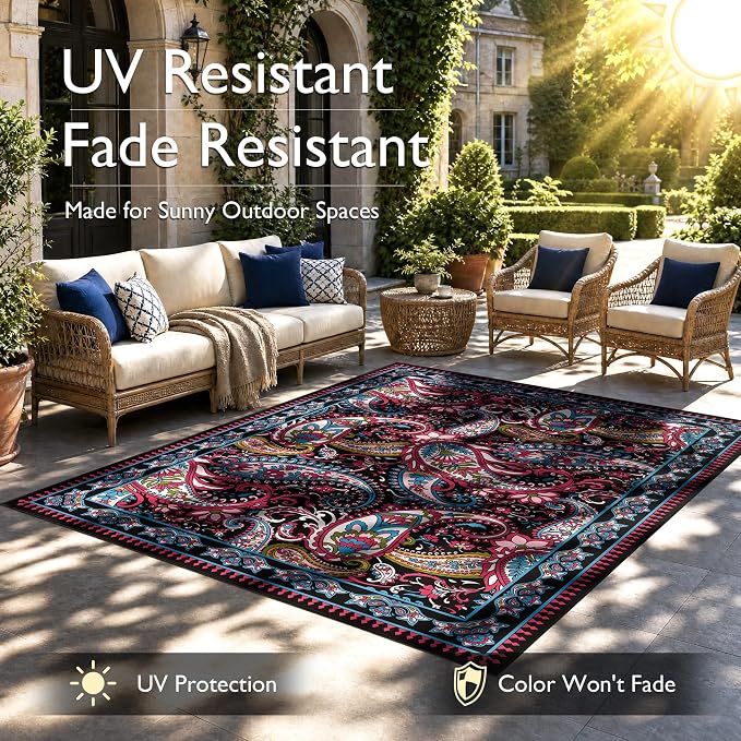 Arenarug Paisley Outdoor Rug Waterproof 6x9, UV Resistant Non Slip Patio Rug, Indoor Outdoor Boho Camping Rug Linen-Look RV Carpet for Deck Balcony Backyard, Magenta‌