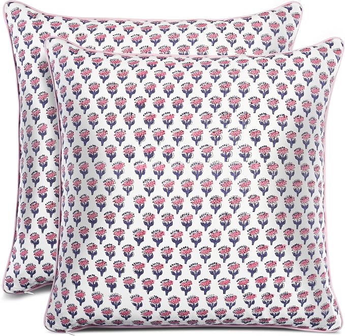 CPC 100% Cotton Throw Pillow Covers 18x18 Inch, Set of 2 Pink Block Print Pattern Couch Pillow, Cute Boho Decorative Pillows for Living Room, Bedroom with Hidden Zipper- Pink Sapphire
