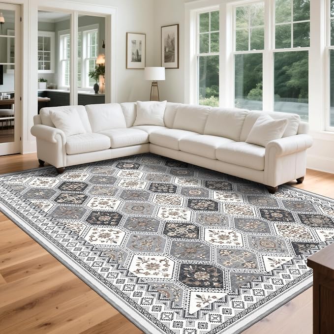 Area Rugs 9x12 Living Room, Non-Slip Vintage Boho Moroccan Rug, Gray/Gold | TTelephant Soft Low-Pile Printed Washable Area Rugs Gray Rug for Living Room, Bedroom, Dining Room