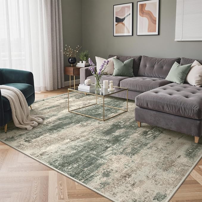 GENIMO 4x6 Rug for Entryway Washable Area Rug, Modern Abstract Small Rugs for Entrance Living Room, Bedroom Beside Rugs, Non-Slip Low Pile Lightweight Soft Carpet, Sage Green Sand