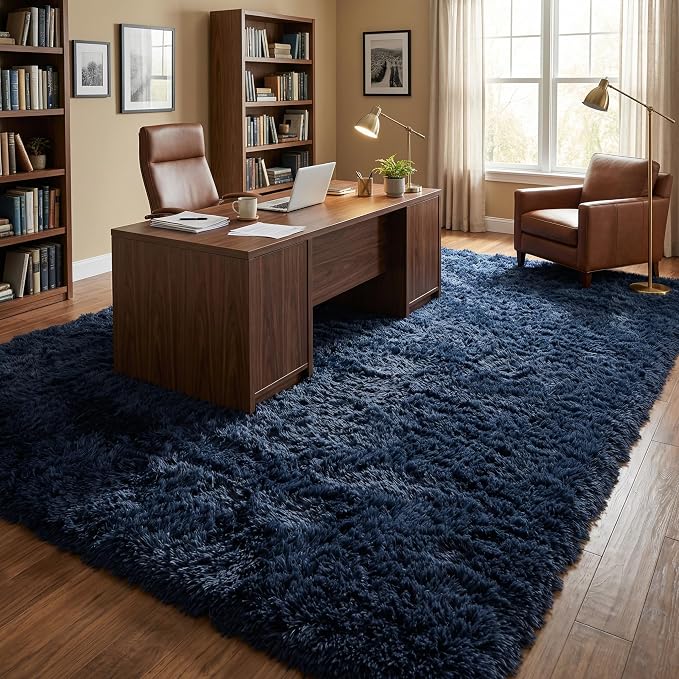 Fluffy Rugs for Living Room: Navy Blue Soft Shag Rug for Bedroom, Large Fuzzy Plush Indoor Carpet Non Slip Modern Rug for Nursery Kids Room Dorms Office Home Decor, 9x11 Feet