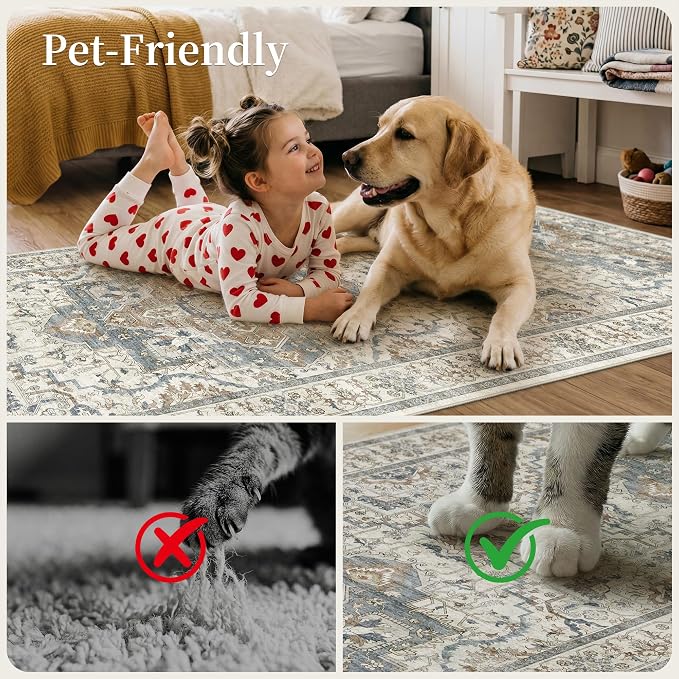3x10 Non Slip Hallway Runner Rug - Washable Vintage Distressed Kitchen Carpet, Ultra-Thin Soft Low Pile Entryway Mat with Rubber Backing for Bedroom Living Room (Beige/Blue)