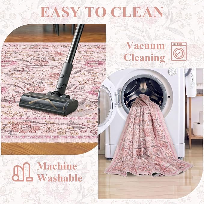 DUKINO 2x6 Runner Rug, Washable Vintage Floral Kitchen Rug, Pink | Non Slip, Low Pile, Non-Shedding, Stain Resistant Soft Carpet Runner for Hallway Bathroom Entryway Bedroom Laundry Farmhouse