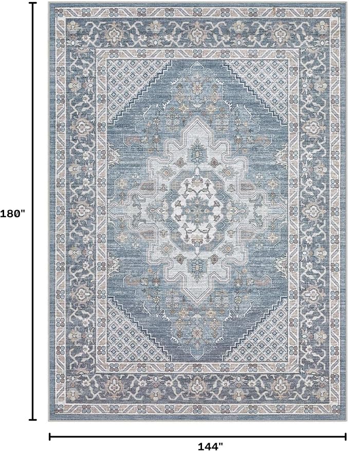 Tortania Area Rug Living Room Rugs - 12x15 Washable Boho Rug Vintage Oriental Distressed Farmhouse Large Thin Indoor Carpet for Living Room Bedroom Under Dining Table Home Office - Blue