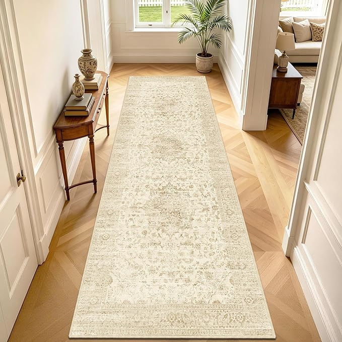 Beige Washable Runner Rug 2.6x8, Vintage Boho Carpet Runners for Hallway | TTelephant Neutral Runner Carpet, for Hallways, Bedside, Kitchen, Low Pile Indoor, Non-Slip Silicone Backing, Non-Shedding