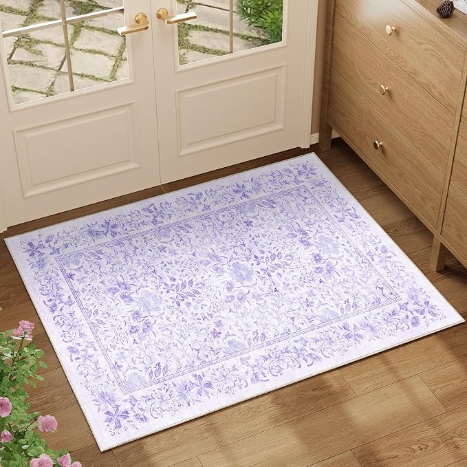 DUKINO 2x3 Entryway Rug, Washable Vintage Floral Area Rug, Purple | Non Slip, Low Pile, Non-Shedding, Soft Indoor Door Mat, Small Front Door Throw Carpet for Bathroom Kitchen Entrance Bedroom