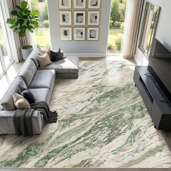 Area Rugs for Living Room: 10X12 Abstract Washable Rug Modern Neutral Large Soft Stain Resistant Non-Slip for Bedroom Dining Room Indoor Home Office Carpet - Green Brown