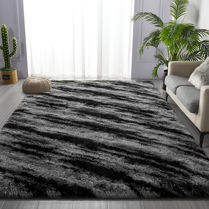 Deerhoo Shag Area Rug, 4 X 6 Tie-Dyed Plush Fuzzy Rugs for Living Room, Ultra Soft Fluffy Furry Rugs for Bedroom, Anti-Skid Indoor Carpet Nursery Rugs for Kids Room Home Decor, Black Grey