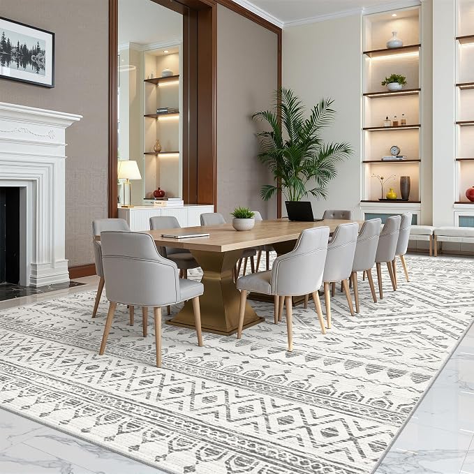 Miukiki 10x14 Area Rugs for Living Room Moroccan Washable Rugs Non Slip Indoor Floor Carpet Foldable Large Soft Area Rug with Low Pile for Dining Room Bedroom Office(Grey,10'x14')