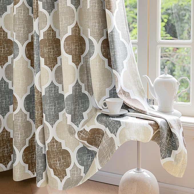 Beauoop Moroccan 100% Blackout Curtains Bedroom Brown Grey 50x90 2 Panels | Geometric Room Darkening Drapes for Living Room 90 Inch Long Thermal Insulated Soundproof Lattice Window Treatment Grommet
