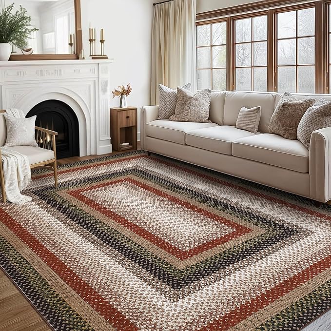 RUGSREAL 9x12 Braided Rug Washable Living Room Rug Modern Braid Printed Large Bedroom Rug with Rubber Backing Farmhouse Accent Large Carpet for Dining Room Home Decor Office, Crimson/Earthy