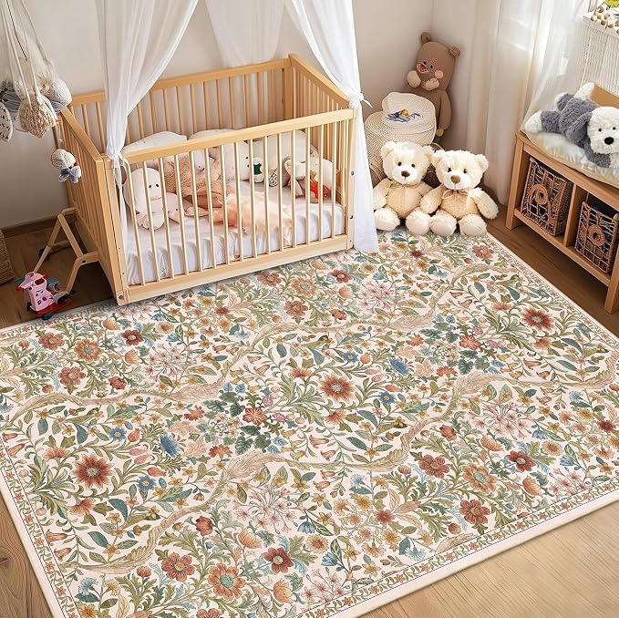 Floral Washable 6x9 Area Rug，Beige Boho Rugs for Living Room, Soft Low-Pile Non-Slip Stain Resistant & Non-Shedding Carpet for Bedroom,Dining Room,Office,Entryway,Nursery